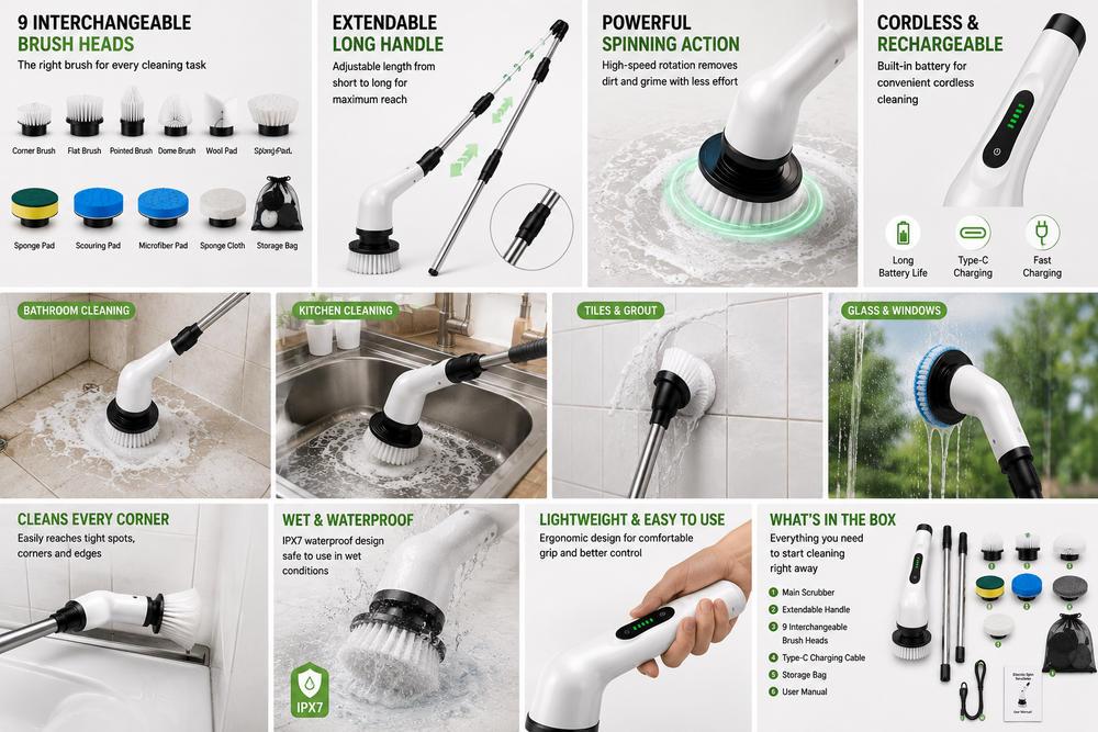 9-in-1 Electric Spin Scrubber with Extendable Handle